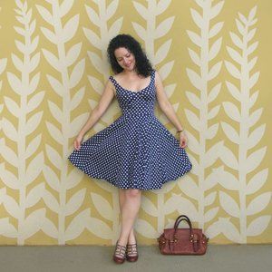 Modcloth Pin Up "Breathless Dress in Starry Night" Bustier Polka Dot Ret…